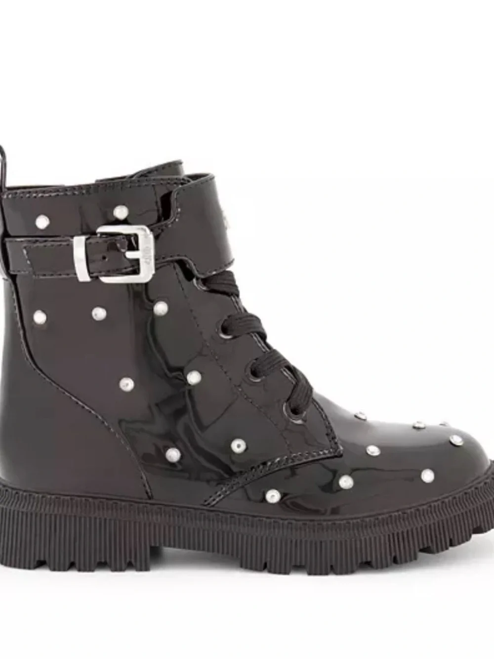 DKNY Girls Ava Dila Moto Black Patent Studded Combat Boots